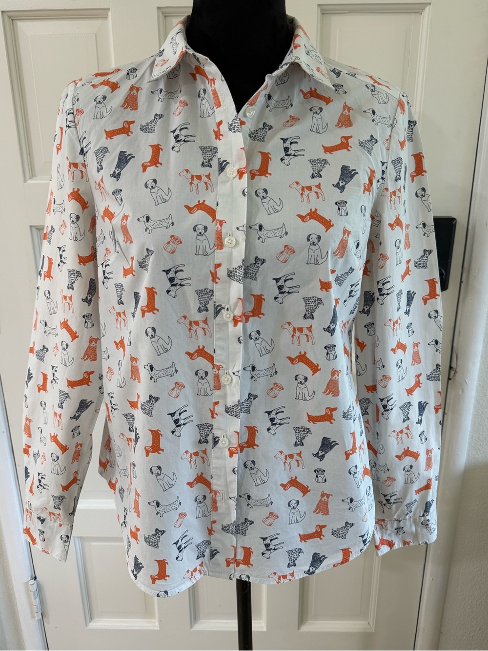Boden Dog Print Button Front Shirt White Novelty Blouse US 6